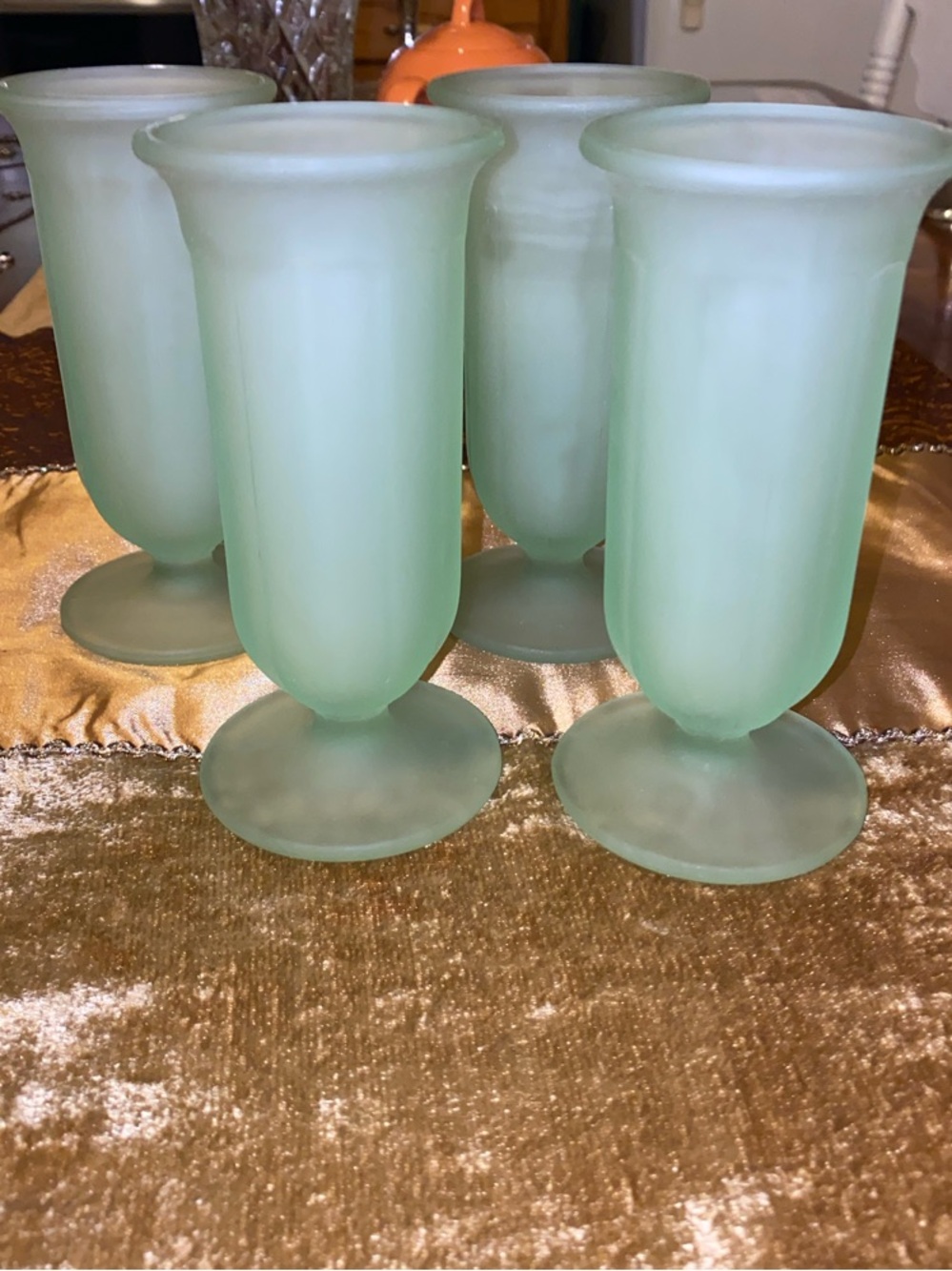 4 Vintage Dessert Parfait Glasses - Green Frosted Glass - Indiana Glass